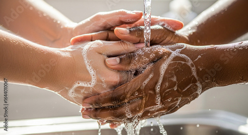 Diverse hands washing together with soap and water