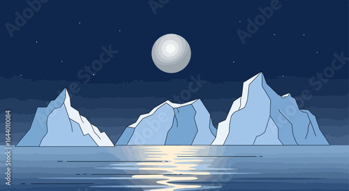 Cartoon depiction of icebergs under a starry night sky with a bright full moon Arctic landscape showcasing climate change challenges