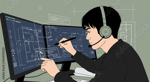 Architectural designer working on blueprint using computer and stylus professionally