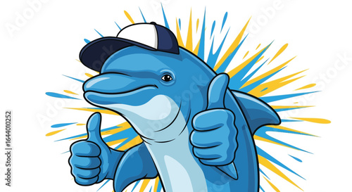 Cartoon dolphin character giving thumbs up gesture with a colorful background  cool and friendly illustration