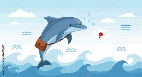 Cartoon dolphin postman delivers letter over ocean, cute marine messenger scene illustration for kids vector graphics and animation