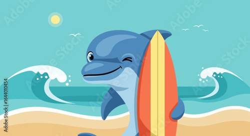 Cartoon Dolphin Surfer on Beach with Surfboard and Waves Illustration for Fun