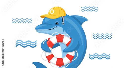 Cartoon dolphin wearing a cap and holding a life preserver in the sea waves illustration