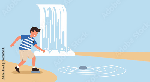 Boy skipping stones in front of a waterfall, enjoying summer vacation outdoors and having a fun time in nature, in a beautiful landscape