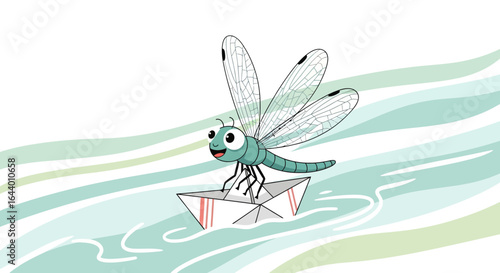 Cartoon dragonfly with big eyes sailing on a paper boat across the water illustration