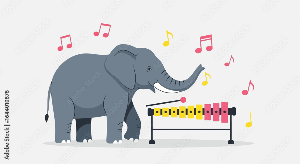 Naklejka premium Cartoon elephant playing a colorful xylophone surrounded by musical notes isolated on white background for kids illustration