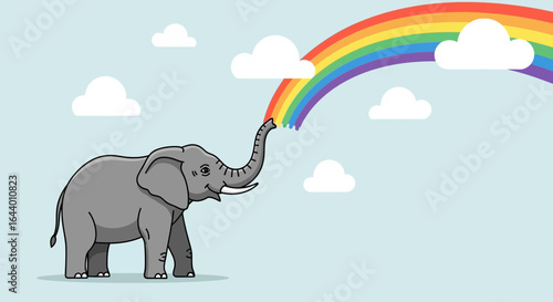 Cartoon elephant creating a rainbow in a whimsical sky filled with fluffy clouds