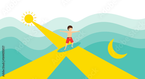 Boy Surfing During the Day and Moon at Night Flat Design Illustration, showcasing fun activity and weather conditions