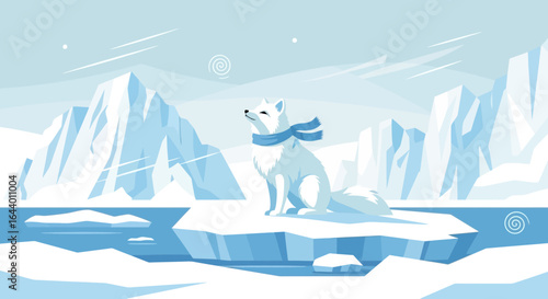 Arctic fox wearing a scarf sitting on an iceberg enjoying the sun illustration