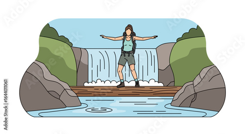 Brave Adventurer Hiker Crossing Log With Arms Open at Scenic Waterfall