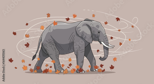 Cartoon elephant walking through autumn leaves in a windy swirl background illustration