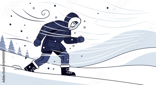 Braving the Blizzard: A Vector Illustration of a Person Walking Through a Snowstorm minimal