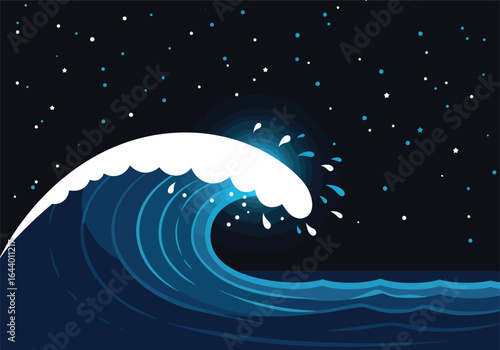 Dynamic ocean wave powerfully crests under star-filled night sky, an enchanting illustration capturing raw energy and tranquil beauty of nocturnal sea.