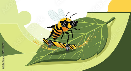 Bumblebee on Skateboard Delivers Sweet Pollen Riding Down a Green Leaf Ramp