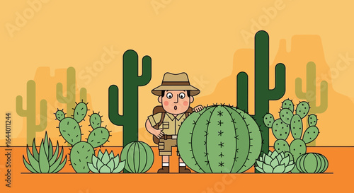 Cartoon explorer in desert landscape encountering a giant round cactus illustration