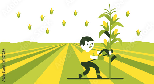 Cartoon farmer harvesting corn in a field, illustrating agriculture and rural life with a whimsical design and vibrant colors