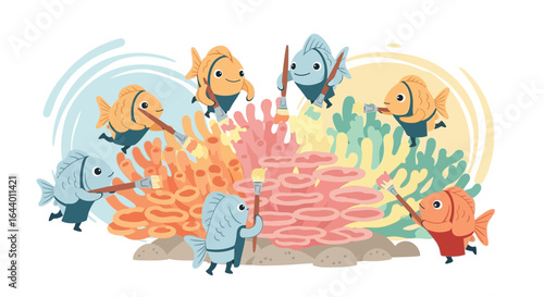 Cartoon Fish Restoring Coral Reefs with Paintbrushes Educational Illustration