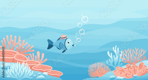 Cartoon fish swimming in the ocean with coral reefs and bubbles underwater world illustration vector design for kids with cute blue fish