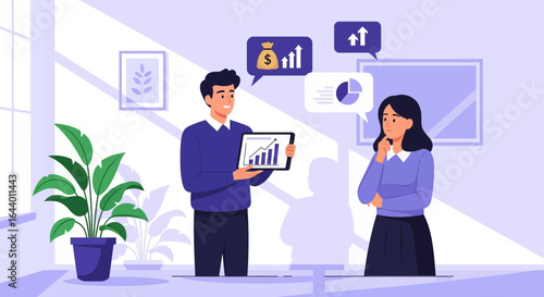 Business presentation with charts and graphics showing growth and investments overview