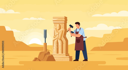 Artisan Creating Sculpture with Hammer and Chisel in Desert Landscape Illustration