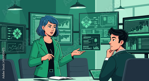 Business presentation about financial data and smart contract technology in office