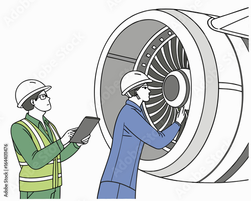 Diagram in isometric view of aircraft engineers and mechanics planning maintenance on a jet engine, with technicians checking the turbine.