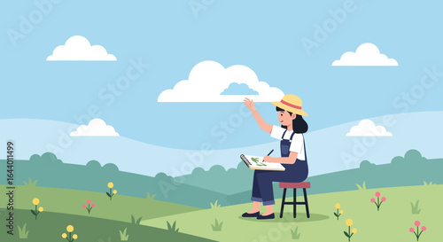 Artist capturing nature's beauty painting a vibrant landscape on a sunny day in the countryside