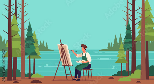 Artist painting landscape nature, the solitude of artistic expression in nature forest