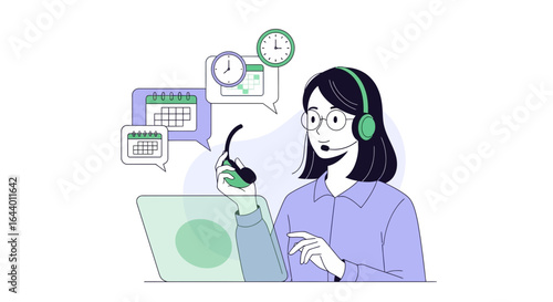 Businesswoman operator wearing headset working at a computer for customer service support or telemarketing planning appointments and schedule efficiently