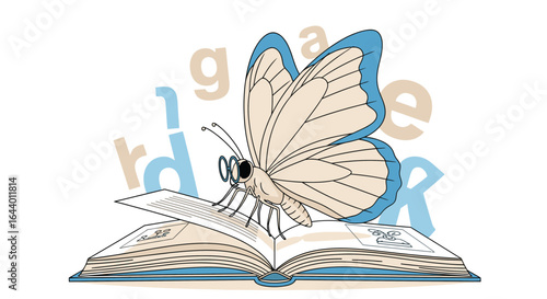 Butterfly engrossed in reading an open book amidst whimsical typography art