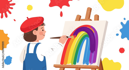Cartoon girl painting a vibrant rainbow on a canvas, with colorful splatters in a bright studio