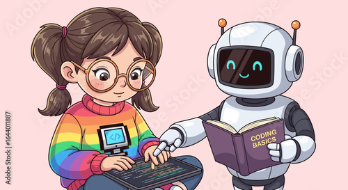 Cartoon girl learns programming with robot friend in colorful illustration