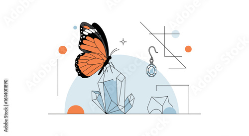 Butterfly resting on a crystal, a harmonious blend of nature and refinement, minimalist design with subtle color palette