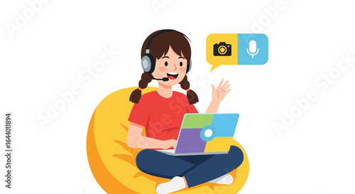 Cartoon girl studying online wearing headphones and interacting with a computer while sitting on a beanbag chair