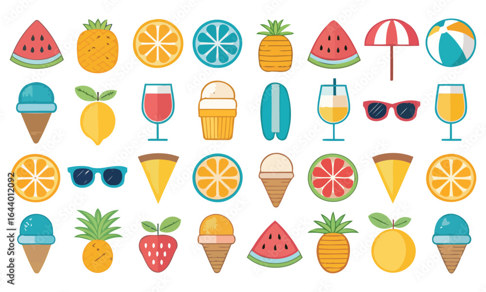 Fototapeta premium Vibrant summer icons collection featuring fruits ice cream and beach balls