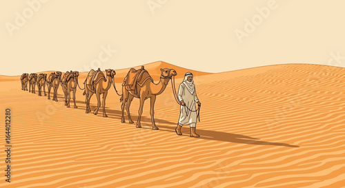 Camel caravan led by a bedouin guide in the vast desert landscape illustration