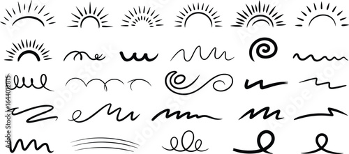 Vector set of hand-drawn sunbursts, underlines, and wavy lines, isolated on white background, perfect for a decorative and whimsical design