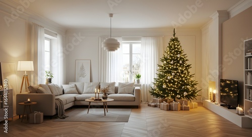 Wallpaper Mural Minimalist Christmas Living Room with Tree Torontodigital.ca