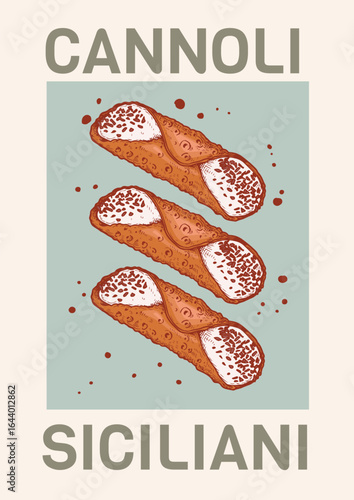 Sicilian Cannoli retro poster. Hand drawn sweet pastry in sketch style. Vintage design template. Vector illustration.