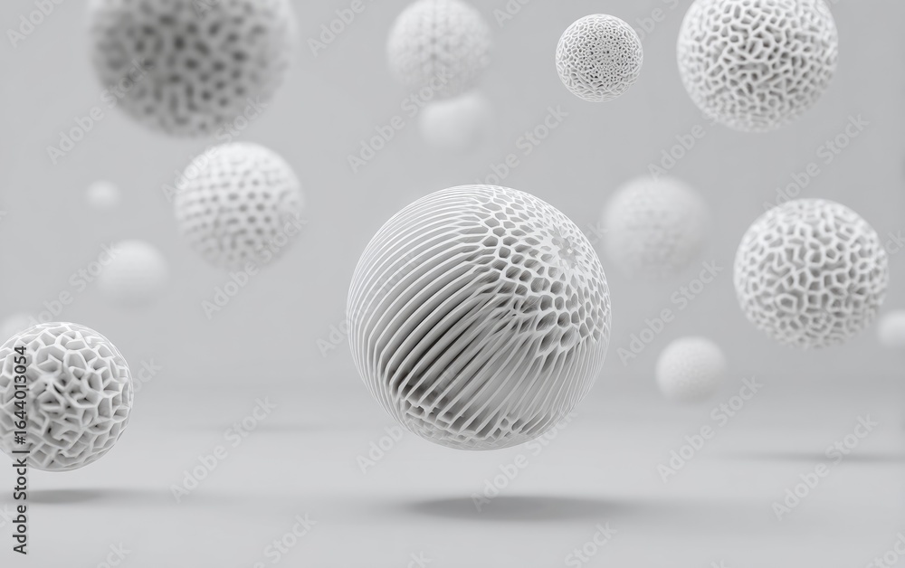 Fototapeta premium White, textured spheres of varying sizes float against a light grey backdrop, exhibiting intricate, almost coral-like surface patterns. Some spheres show a more linear texture