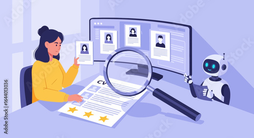 Automated recruitment process with human and robot analyzing resumes, modern hiring methods and technology integration for talent acquisition
