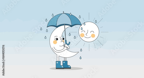 Cartoon illustration featuring a crescent moon holding an umbrella in the rain and sun showing happiness