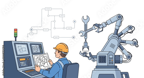 Automation technician oversees robot arm control system with complex diagrams
