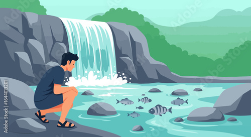 Captivating waterfall scene with a man admiring the serene beauty and aquatic life around