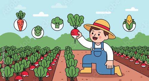 Cartoon illustration featuring a farmer harvesting vegetables in a vibrant field with icons