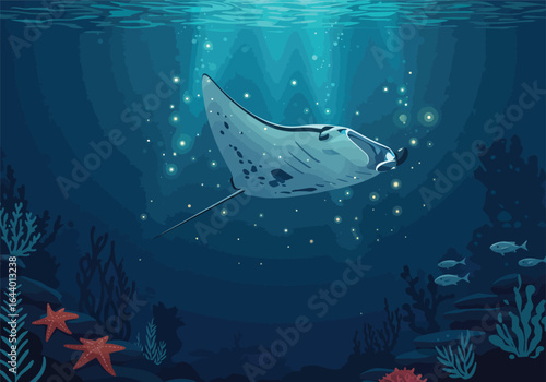 Majestic Manta Ray Underwater Scene Bioluminescent Ocean Wonders