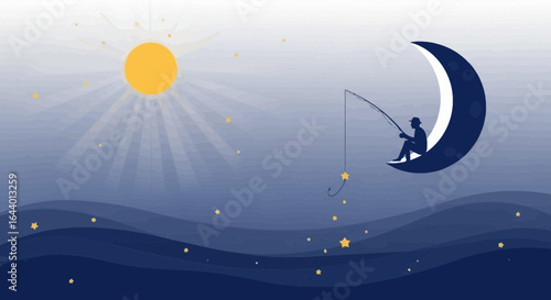 Captivating Illustration of a Fisherman on the Moon under the Bright Sun and Stars