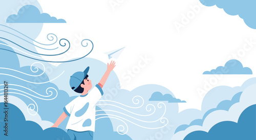 Capturing childhood dreams a boy launches a paper airplane into a cloudy sky symbolizing hope and aspiration