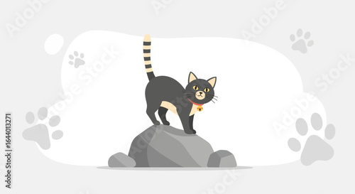Cartoon illustration featuring a grey cat standing proudly on a grey stone with tail up