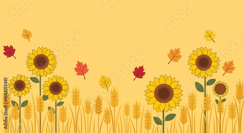 Autumn harvest scene with sunflowers wheat and leaves vector illustration background, seasonal vector design